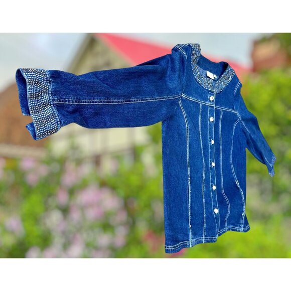 Vintage Quacker Factory Jean Jacket Large Blue Denim Embellished Front B… - Picture 2 of 12